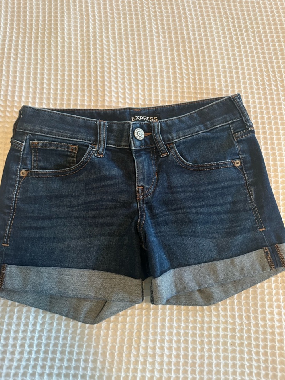 Express Rolled Hem Denim Shorts 0 mid rise midi